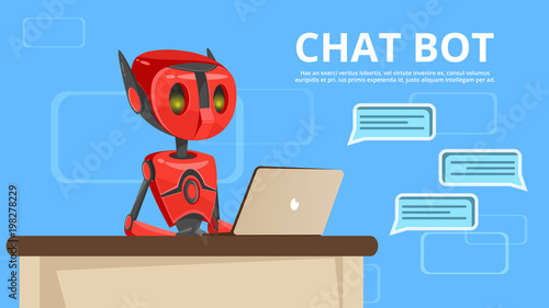 Vector cartoon chat bot poster background template. Illustration with robot assistant, artificial intelligence technology chatterbot help digital communication online. Mobile messanger support concept