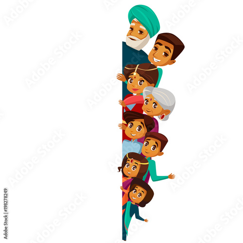Vector cartoon Indian family characters peeping empty blank space. White paper poster background template. hindu senior man, woman, parents, father mother teen boy, girl kid in national costume