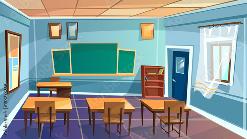 Vector cartoon empty elementary high school, college, university classroom background. Illustration room interior indoor objects - open window desk table chalkboard chair. Learning, education backdrop