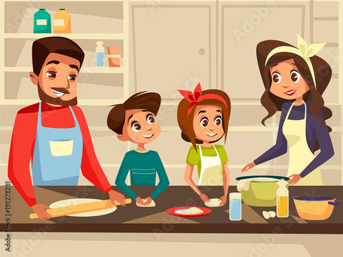 Modern family together cooking at kitchen vector cartoon flat illustration. Happy European Caucasian family preparing meal food at kitchen of happy father and mother with daughter and son children