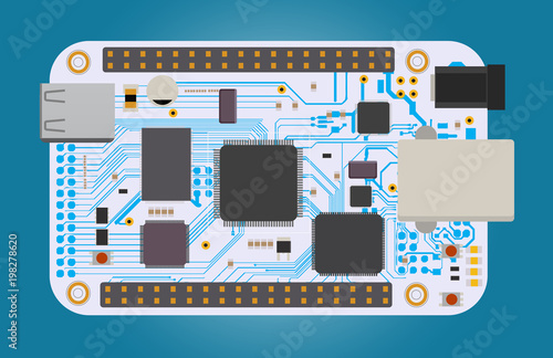 DIY electronic mega board with a micro-controller, LEDs, connectors, and other electronic components. photo