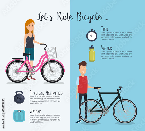 people in bicycle with healthy lifestyle icons