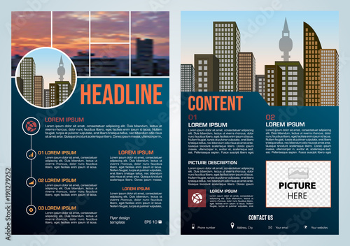 Vector flyer, corporate business, annual report, brochure design and cover presentation with blured city in blue and red color