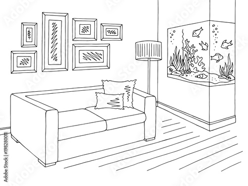 Living room graphic black white aquarium interior sketch illustration vector