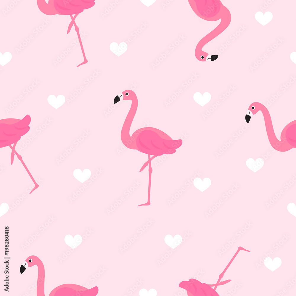 Fototapeta Ilustracja wektorowa bezszwowe wzór Flamingo. Śliczny flaming z białymi sercami na różowym tle