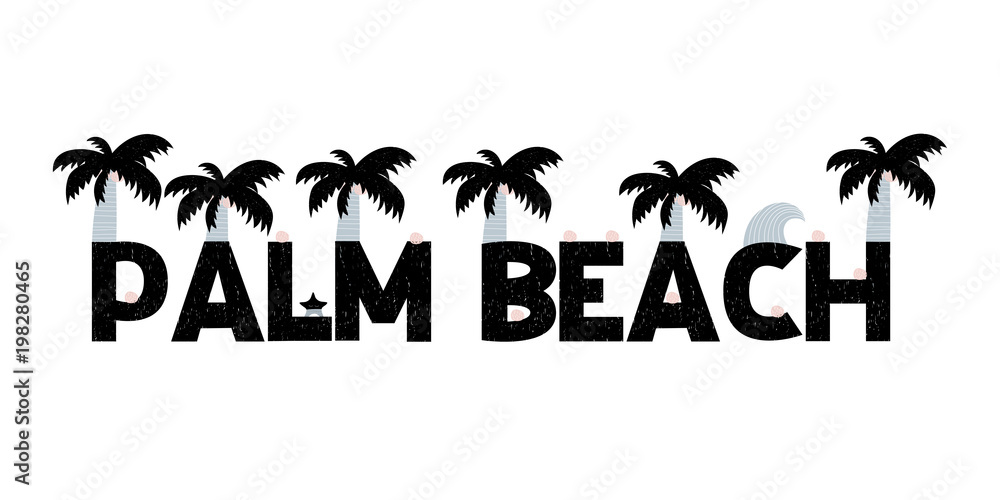 Banner with lettering palm beach in scandinavian style. Vector illustration