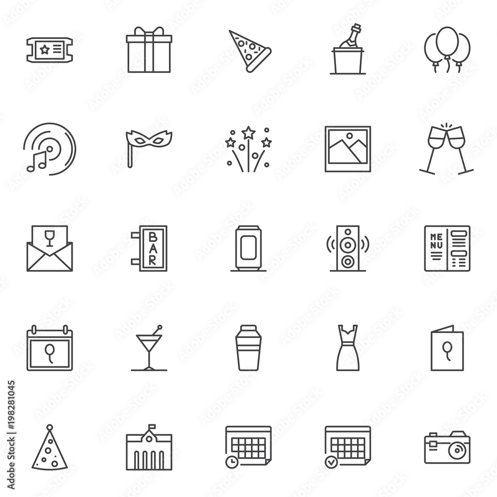 Event outline icons set. linear style symbols collection, line signs pack. vector graphics. Set includes icons as movie ticket, gift box with bow, pizza slice, champagne bottle in a bucket with ice Event outline icons set. linear style symbols collection, line signs pack. vector graphics. Set includes icons as movie ticket, gift box with bow, pizza slice, champagne bottle in a bucket with ice