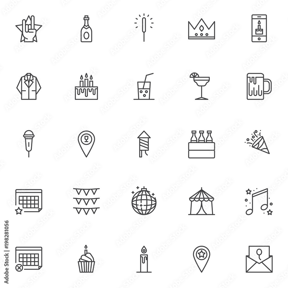 Naklejka premium Zestaw ikon konturu elementów strony i zdarzenia. kolekcja symboli stylu liniowego, pakiet znaków linii. Grafika wektorowa. Zestaw zawiera ikony jak butelka szampana, świąteczny blask, korona, koktajl