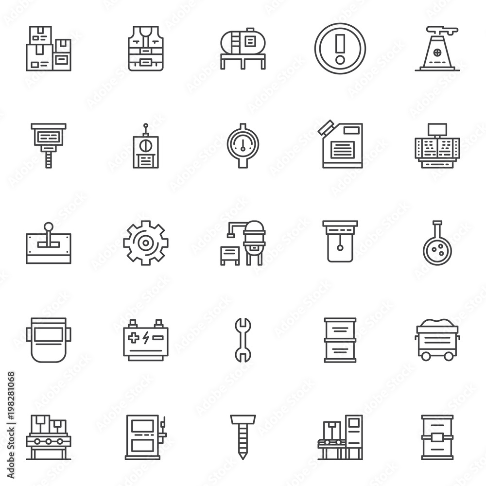 Factory outline icons set. linear style symbols collection, line signs pack. vector graphics. Set includes icons as package boxes, safety vest, tank storage, industry, drille, remote control, gauge