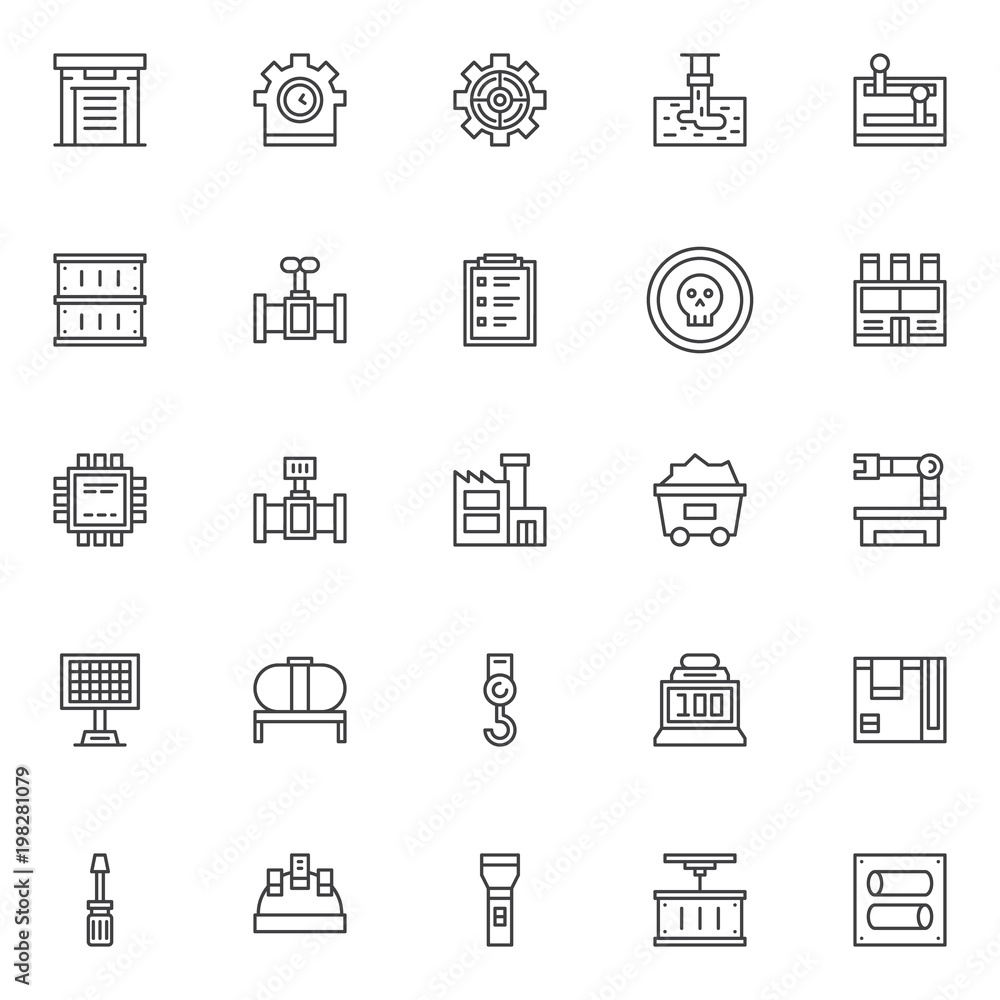 Industry factory outline icons set. linear style symbols collection, line signs pack. vector graphics. Set includes icons as warehouse, clock gear, cogwheel, discharge of liquid chemical waste, valve Industry factory outline icons set. linear style symbols collection, line signs pack. vector graphics. Set includes icons as warehouse, clock gear, cogwheel, discharge of liquid chemical waste, valve