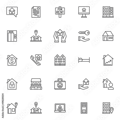 Estate outline icons set. linear style symbols collection, line signs pack. vector graphics. Set includes icons as house in chat bubble, contract, house for rent sign board, computer monitor, office 