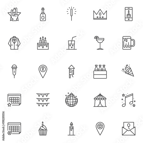 Party and event elements outline icons set. linear style symbols collection, line signs pack. vector graphics. Set includes icons as champagne bottle, festive christmas sparkle, crown, cocktail