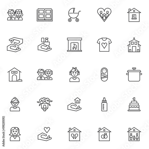 Family outline icons set. linear style symbols collection, line signs pack. vector graphics. Set includes icons as couple person, photo album, baby carriages pram, house, caring hands, church, mother