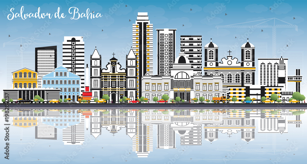 Salvador de Bahia City Skyline with Color Buildings, Blue Sky and Reflections.