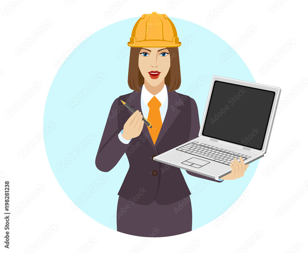 Businesswoman in construction helmet holding a laptop notebook and giving pen or stylus for your electronic signature Businesswoman in construction helmet holding a laptop notebook and giving pen or stylus for your electronic signature