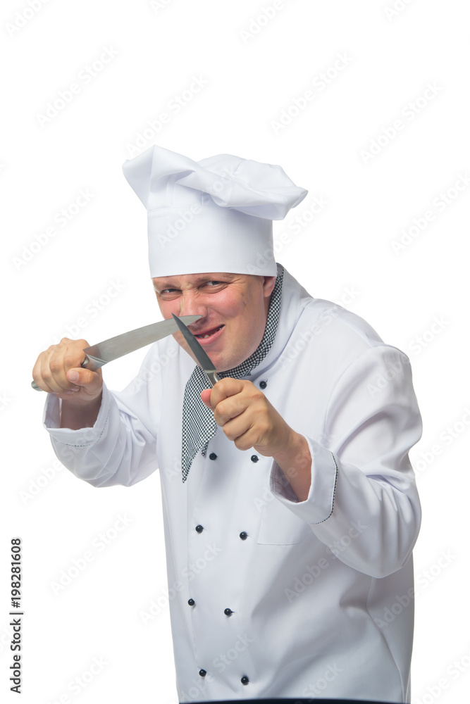 angry cook holding knives, on white background