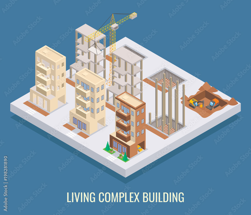 Living complex building vector flat isometric poster, banner