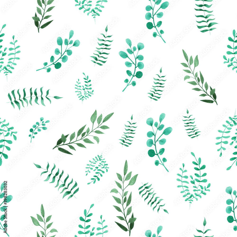 Watercolor illustration green leaves on isolated background. Seamless pattern. Watercolor illustration green leaves on isolated background. Seamless pattern.