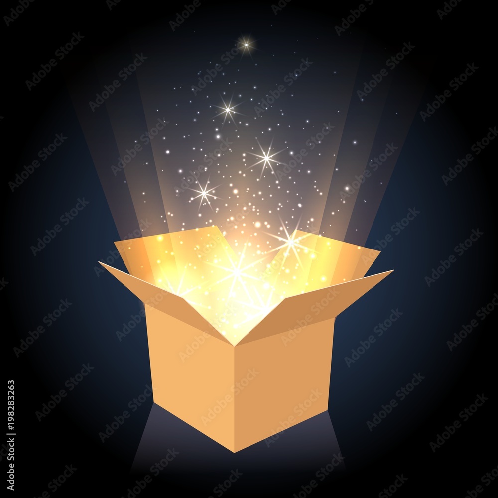 Magic box. Cardboard box with glow lighting inside, opened gift container  vector illustration Stock Vector | Adobe Stock