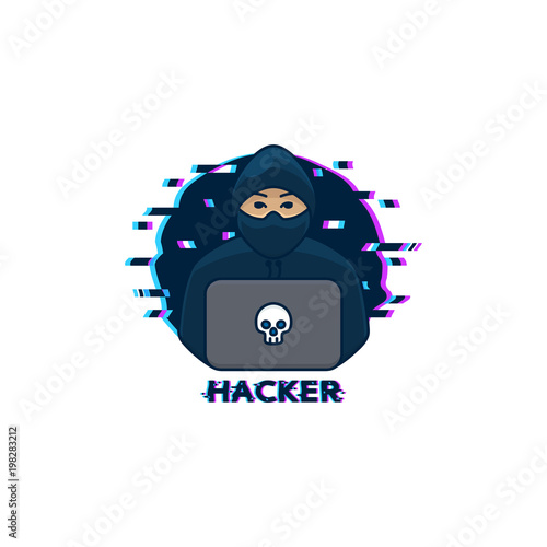 Hacker logo template. Symbol of digital thief with laptop. Hacker icon isolated on white background. Vector illustration.