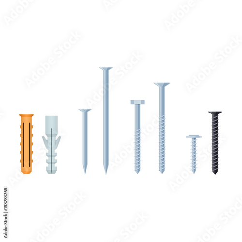 Set of construction screws, nails, bolts, plastic dowels.