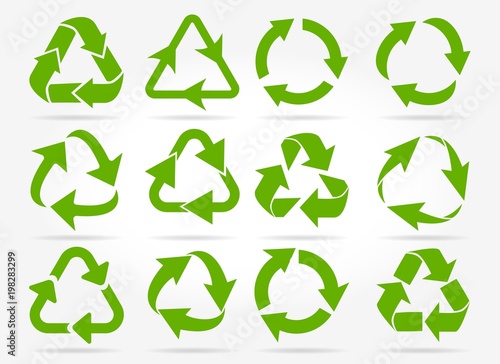 Recycled arrows. Green reusable arrow icons, eco recycle or recycling vector signs isolated on white background