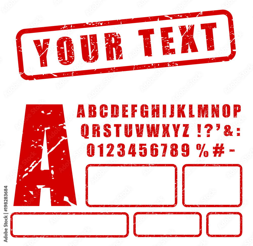 red stamp letters and numbers set - obrazy, fototapety, plakaty 