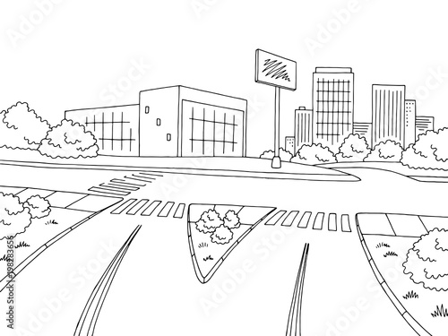 Street road graphic black white city crossroad landscape sketch illustration vector