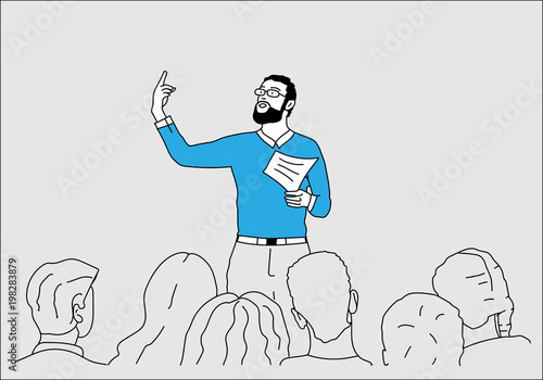 Speaker giving a talk to audience in the conference hall. Outline, thin line art, linear, doodle, cartoon, hand drawn sketch design.