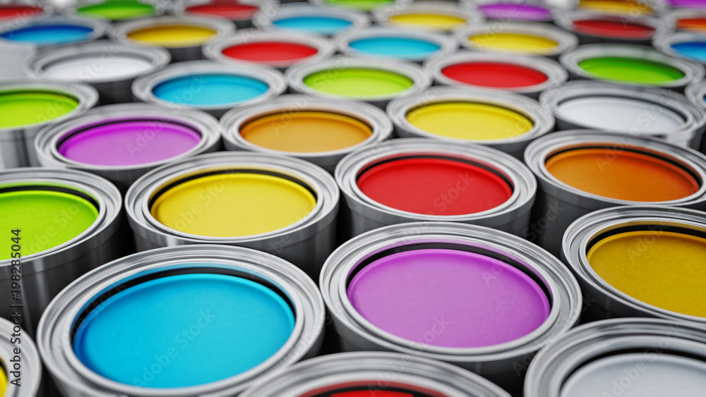 Fototapeta premium Vibrant colored paint cans background. 3D illustration