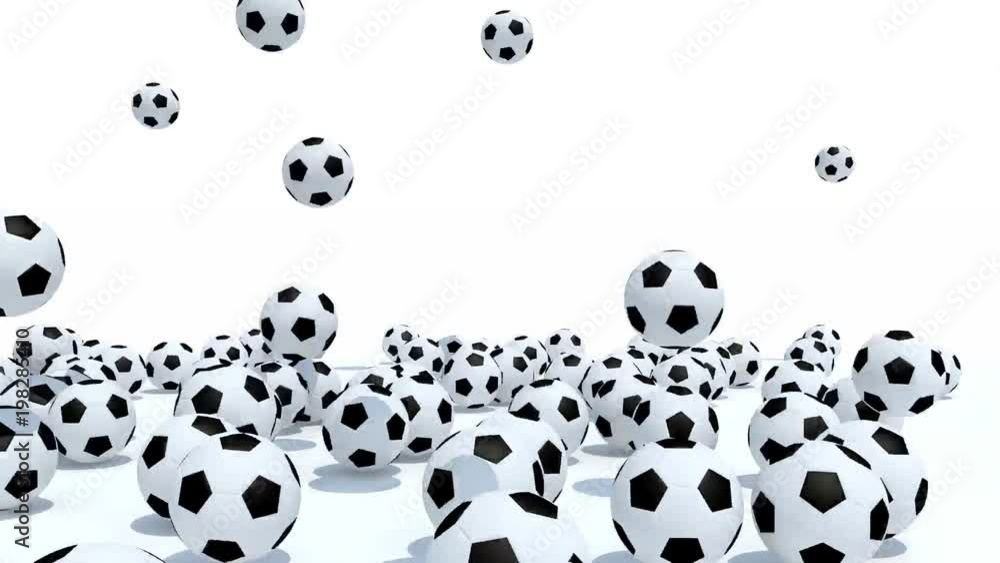 many soccer balls fall on white background, 3d animation many soccer balls fall on white background, 3d animation