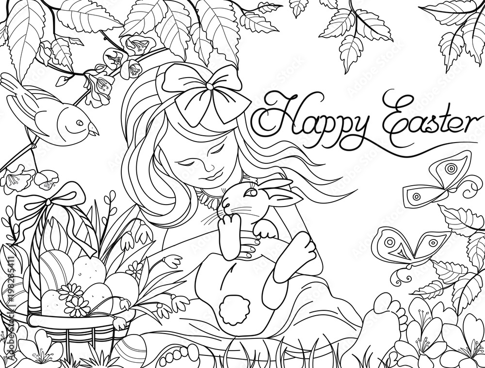 Greeting card Happy Easter. A girl with a rabbit and a basket of eggs. Adult and children coloring book Greeting card Happy Easter. A girl with a rabbit and a basket of eggs. Adult and children coloring book