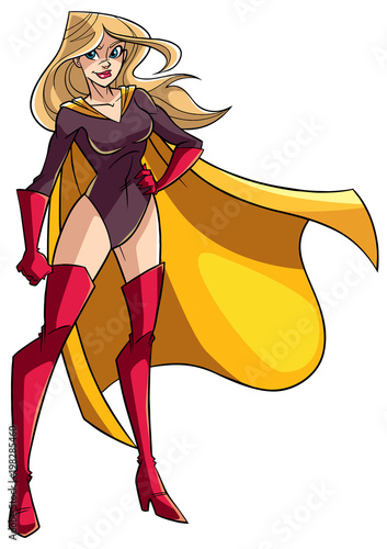 Smiling superheroine standing tall on white background.