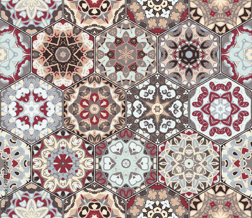 Set of vector seamless arabic patterns. Collection of hexagonal ceramic tiles in shades of red and brown. Decorative and design elements for textile, book covers, manufacturing, print, gift wrap.