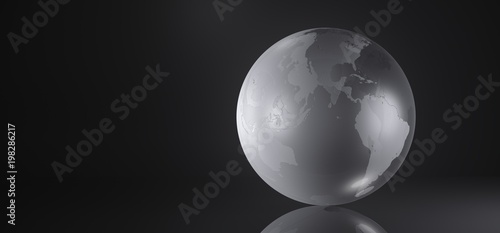 3D Rendering Of Glass Crystal Earth Globe On Dark Background And Glossy Surface With Reflection