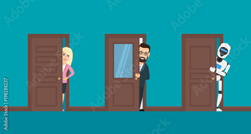 businesswoman businessman robot look out the open doors