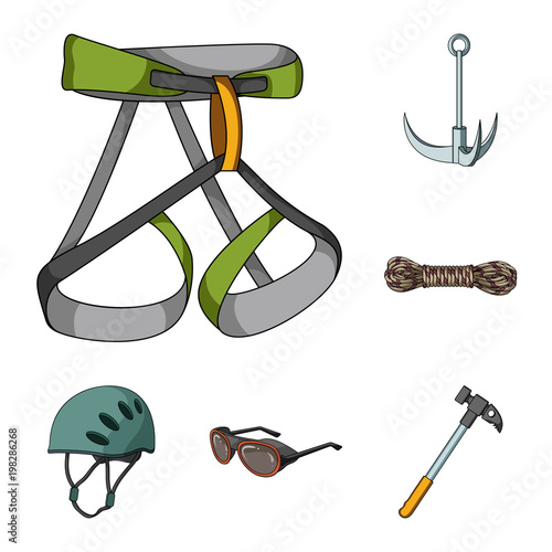 Mountaineering and climbing cartoon icons in set collection for design. Equipment and accessories vector symbol stock web illustration.