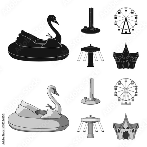 The device with a bat for measuring strength, a ferris wheel, a carousel, a house with windows. Amusement park set collection icons in black,monochrom style vector symbol stock illustration web.