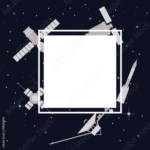 Satellites and rockets in space. Vector frame.