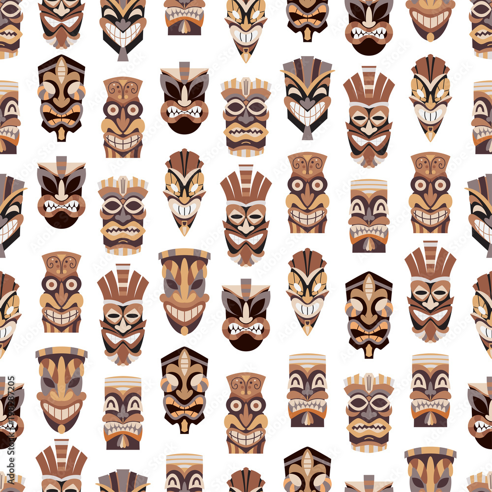 Tribal tiki mask vector seamless pattern on a white background for  wallpaper, wrapping, packing, and backdrop. Cut wooden guise flat icon set.  Stock Vector | Adobe Stock