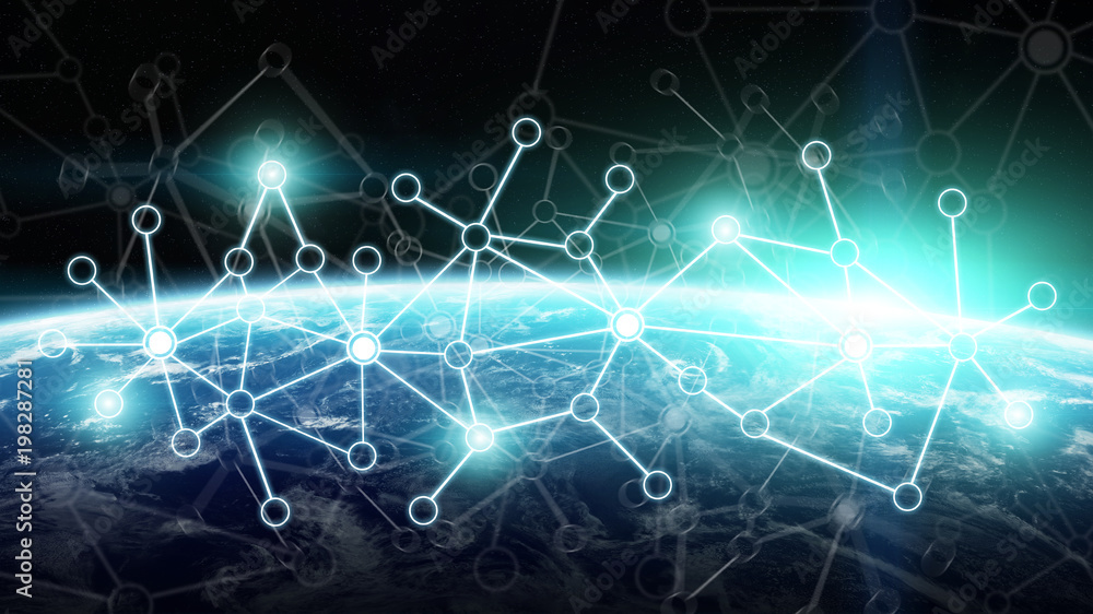 Connections system and datas exchanges on planet Earth 3D rendering Connections system and datas exchanges on planet Earth 3D rendering