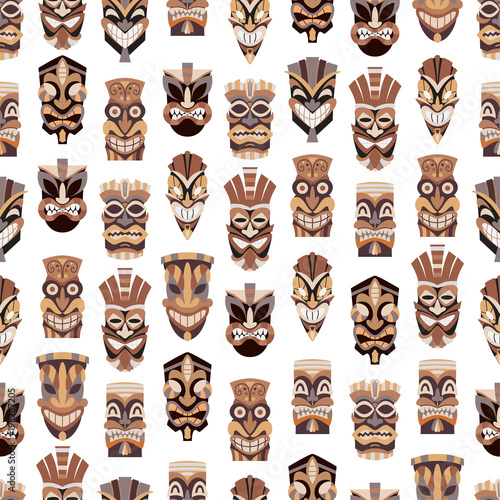 Tribal tiki mask vector seamless pattern on a white background for wallpaper, wrapping, packing, and backdrop. Cut wooden guise flat icon set.
