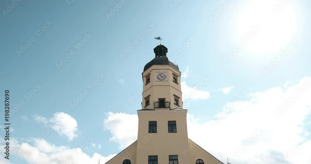 Nesvizh, Belarus. Town Hall In Summer Sunny Day. Famous Landmark In Nyasvizh. Architecture Of 16th Century. Zoom, Zoom Out