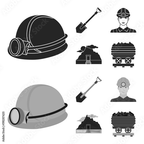 A shovel, a miner, an entrance to a mine, a trolley with coal.Mine set collection icons in black,monochrom style vector symbol stock illustration web.