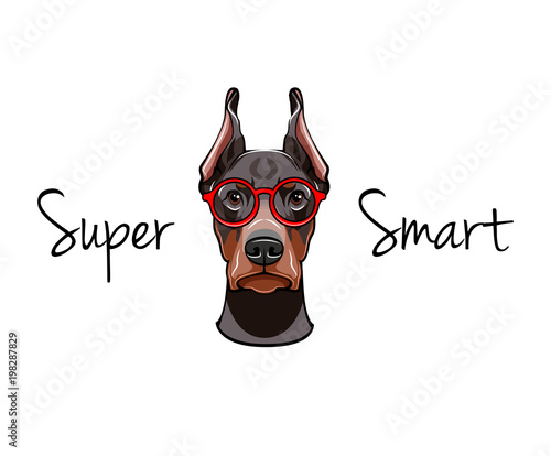 Doberman dog geek. Smart glasses. Clever dog. Super smart text. Vector.
