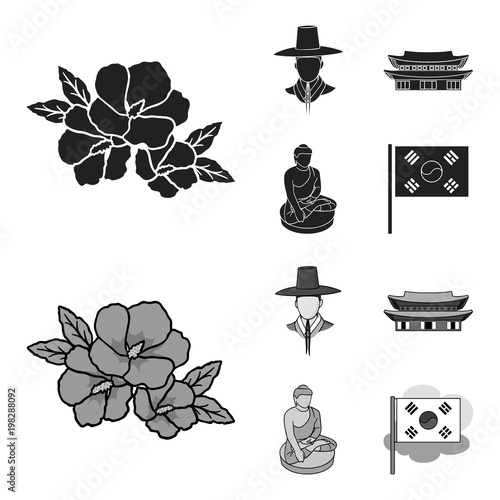 Korean in national headdress, Korean monastery, Buddha figurine, national flag. South Korea set collection icons in black,monochrom style vector symbol stock illustration web. photo