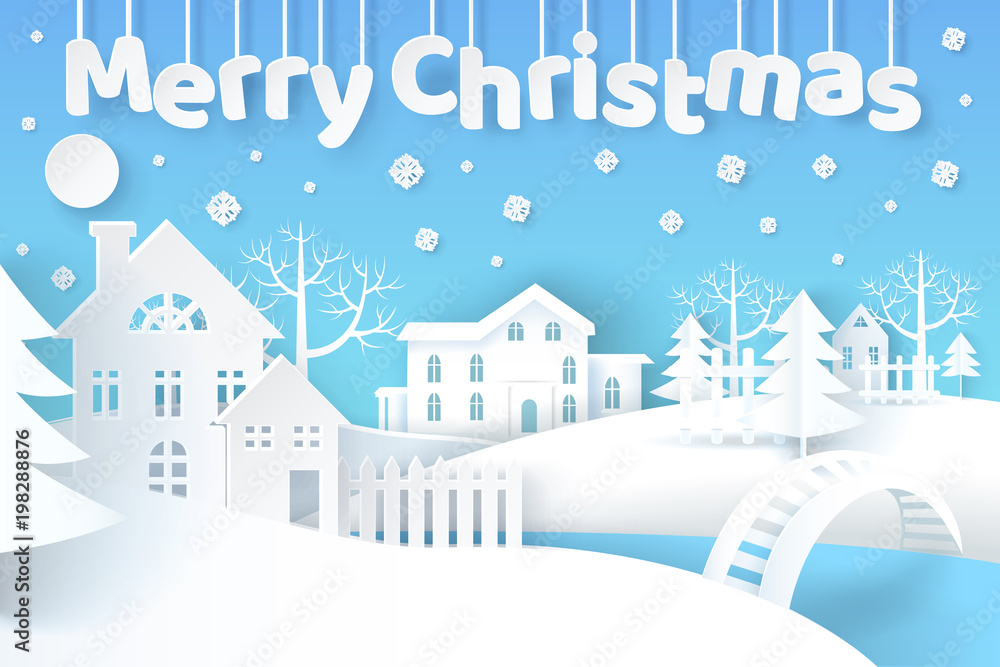 Merry Christmas Poster with City Vector Illustration