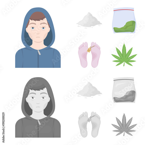 Addict, cocaine, marijuana, corpse.Drug set collection icons in cartoon,monochrome style vector symbol stock illustration web.