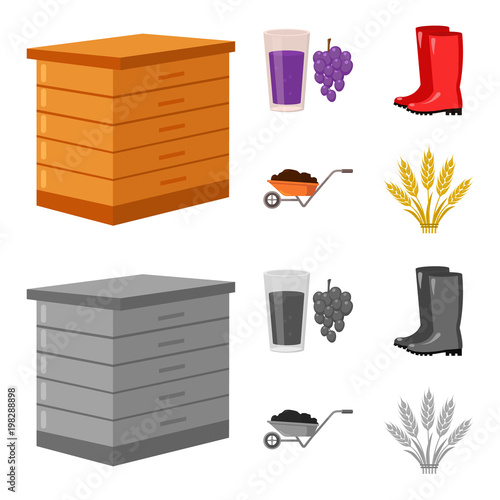 Hive, grapes, boots, wheelbarrow.Farm set collection icons in cartoon,monochrome style vector symbol stock illustration web.