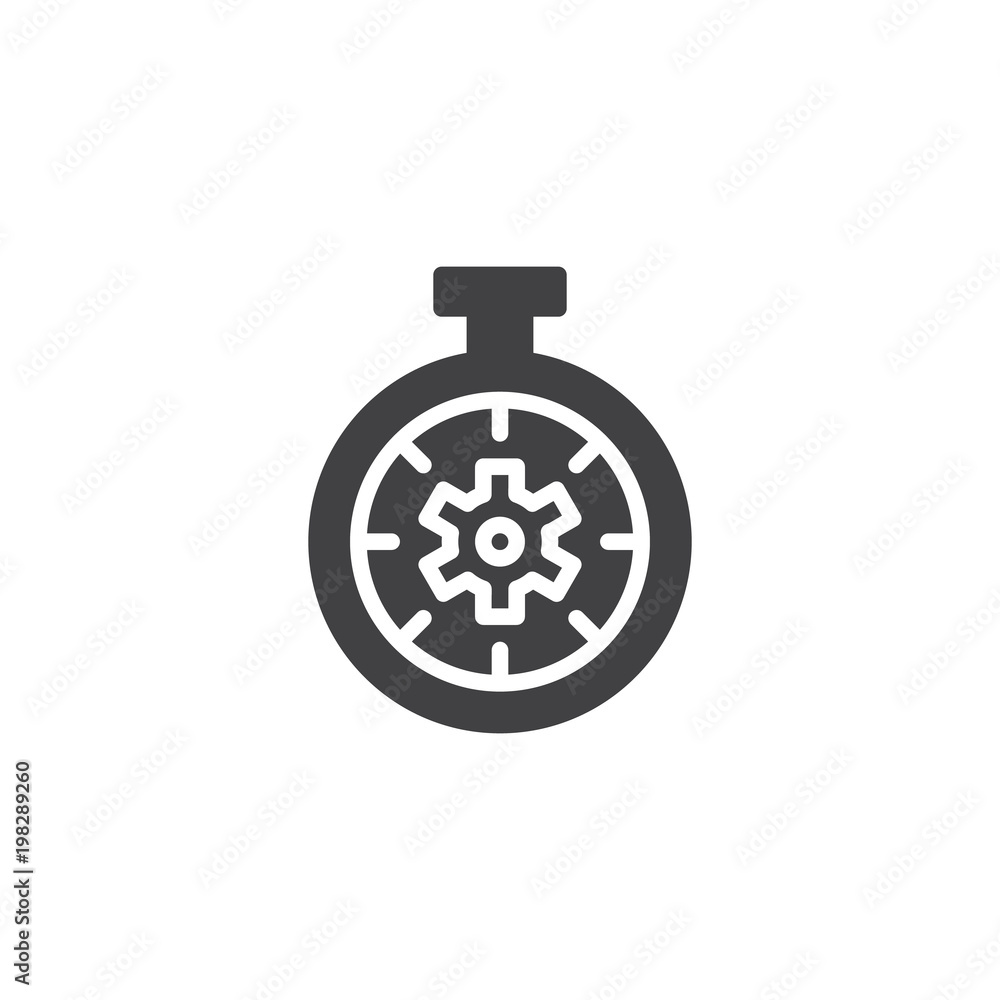 Obraz premium Gear inside stopwatch vector icon. filled flat sign for mobile concept and web design. Time optimization process solid icon. Symbol, logo illustration. Pixel perfect vector graphics